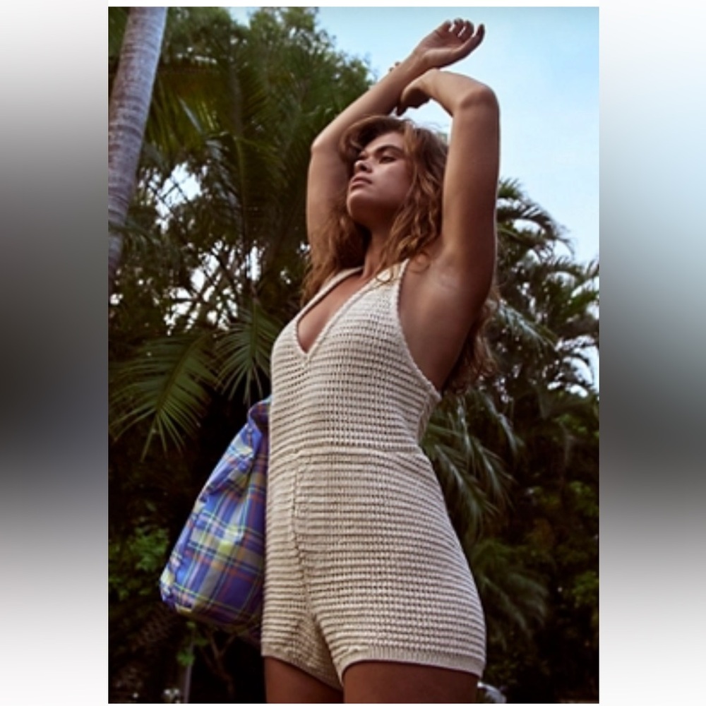 Free People Cream Knit Halter Romper